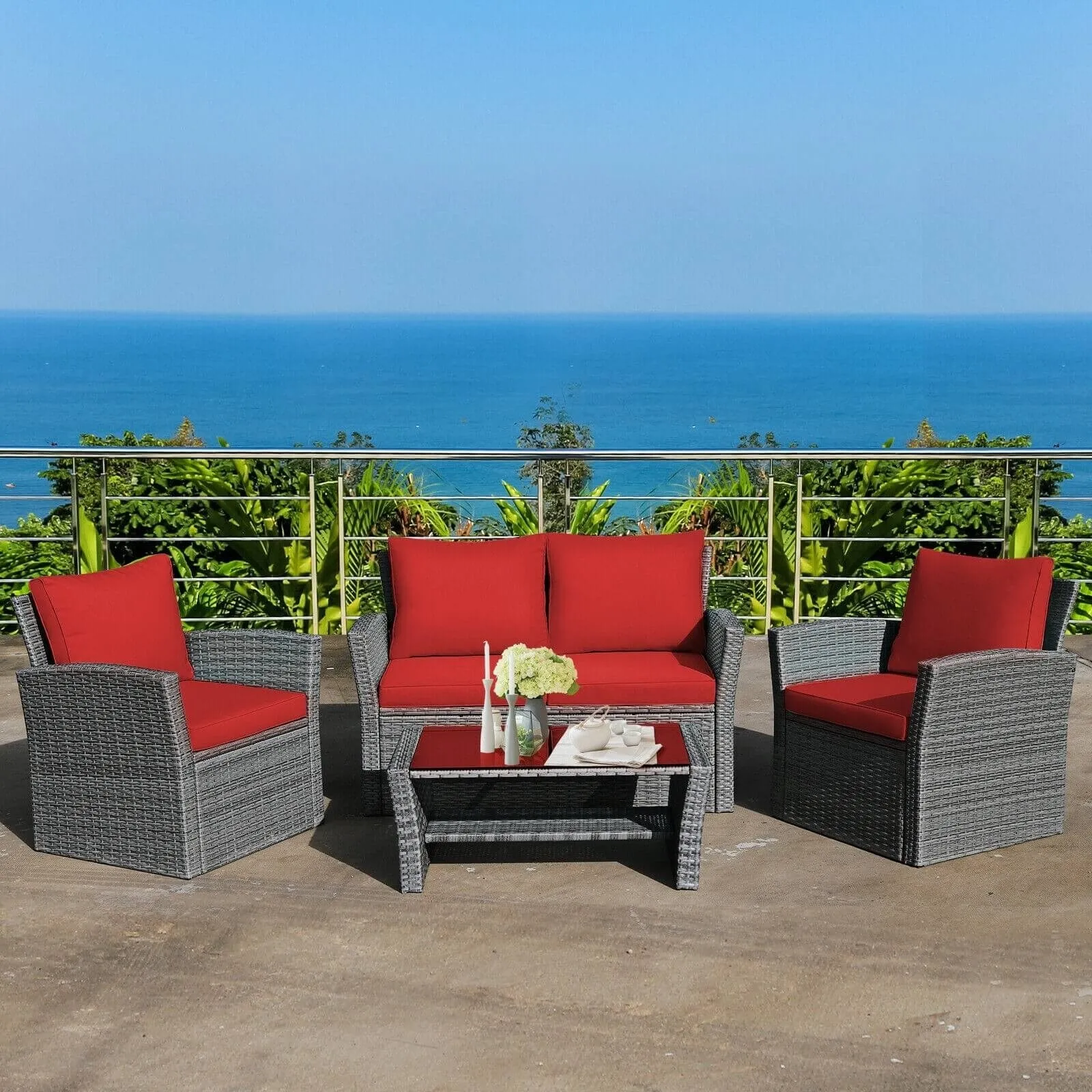 4pc Wicker Rattan Patio Furniture Set with Table - Red