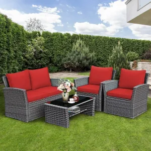 4pc Wicker Rattan Patio Furniture Set with Table - Red