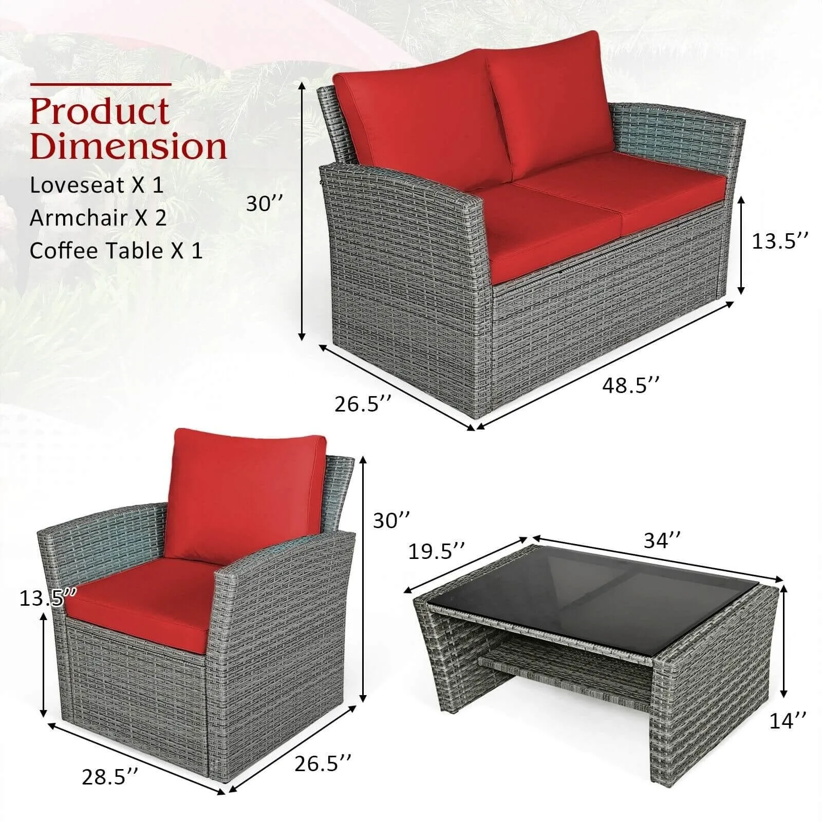 4pc Wicker Rattan Patio Furniture Set with Table - Red