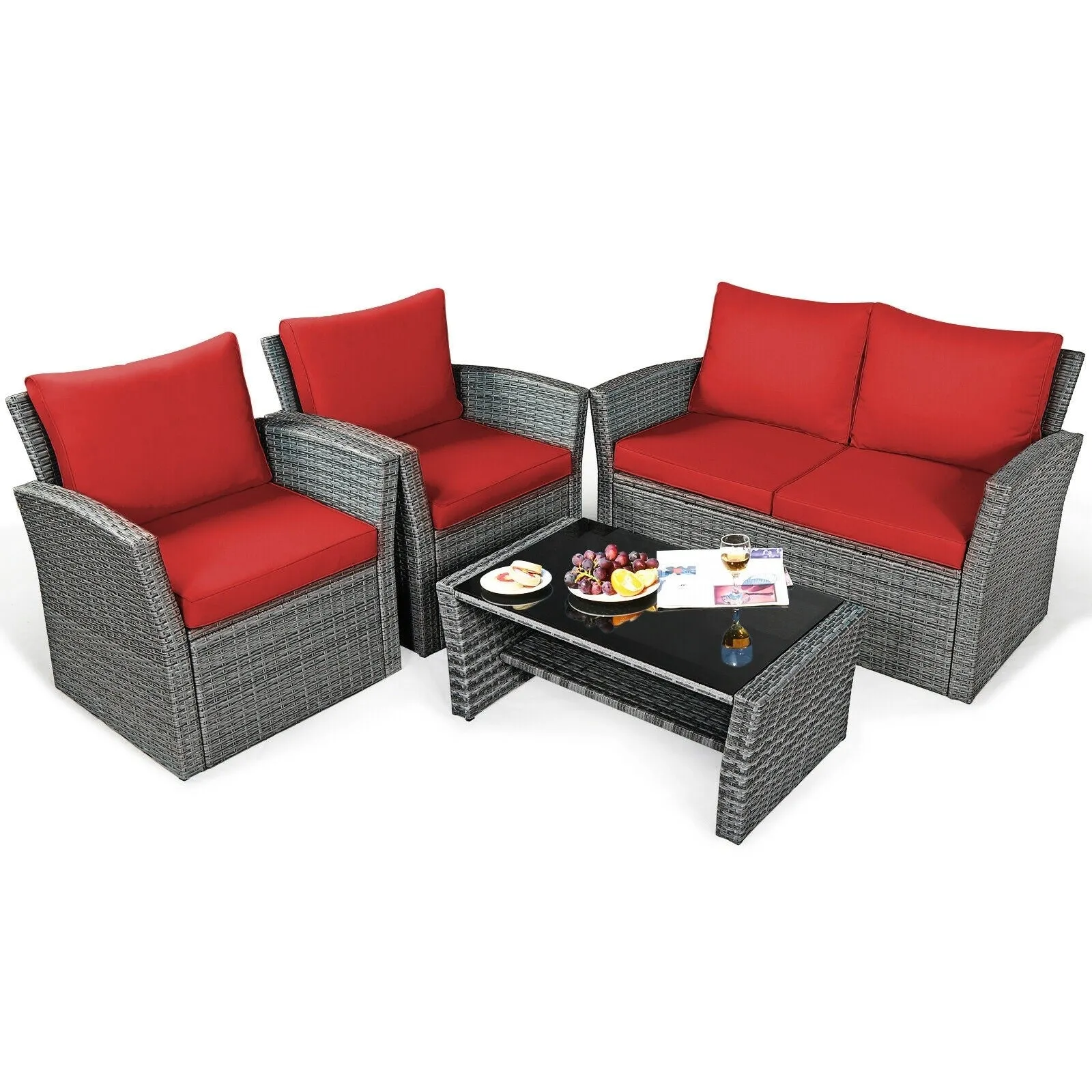 4pc Wicker Rattan Patio Furniture Set with Table - Red