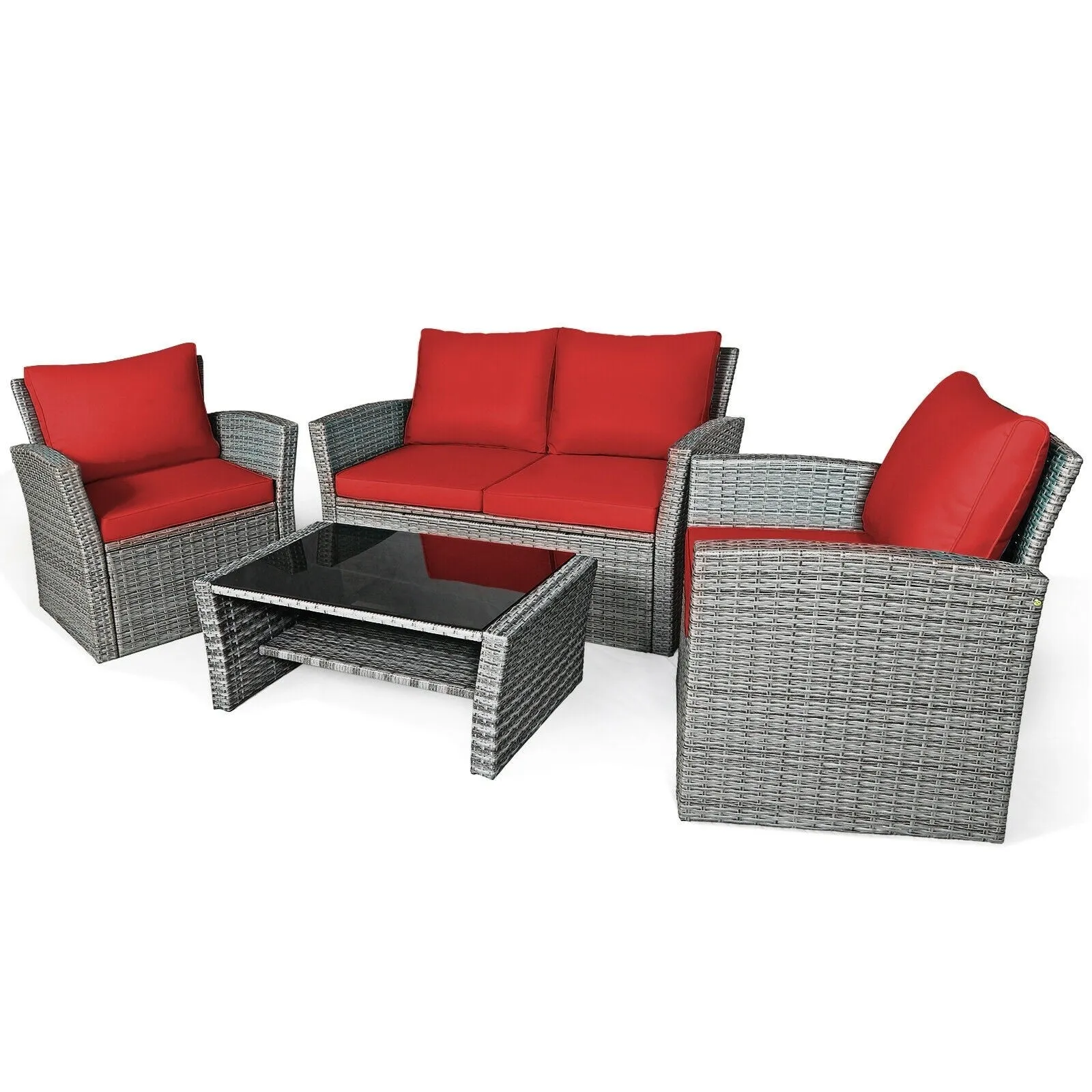4pc Wicker Rattan Patio Furniture Set with Table - Red