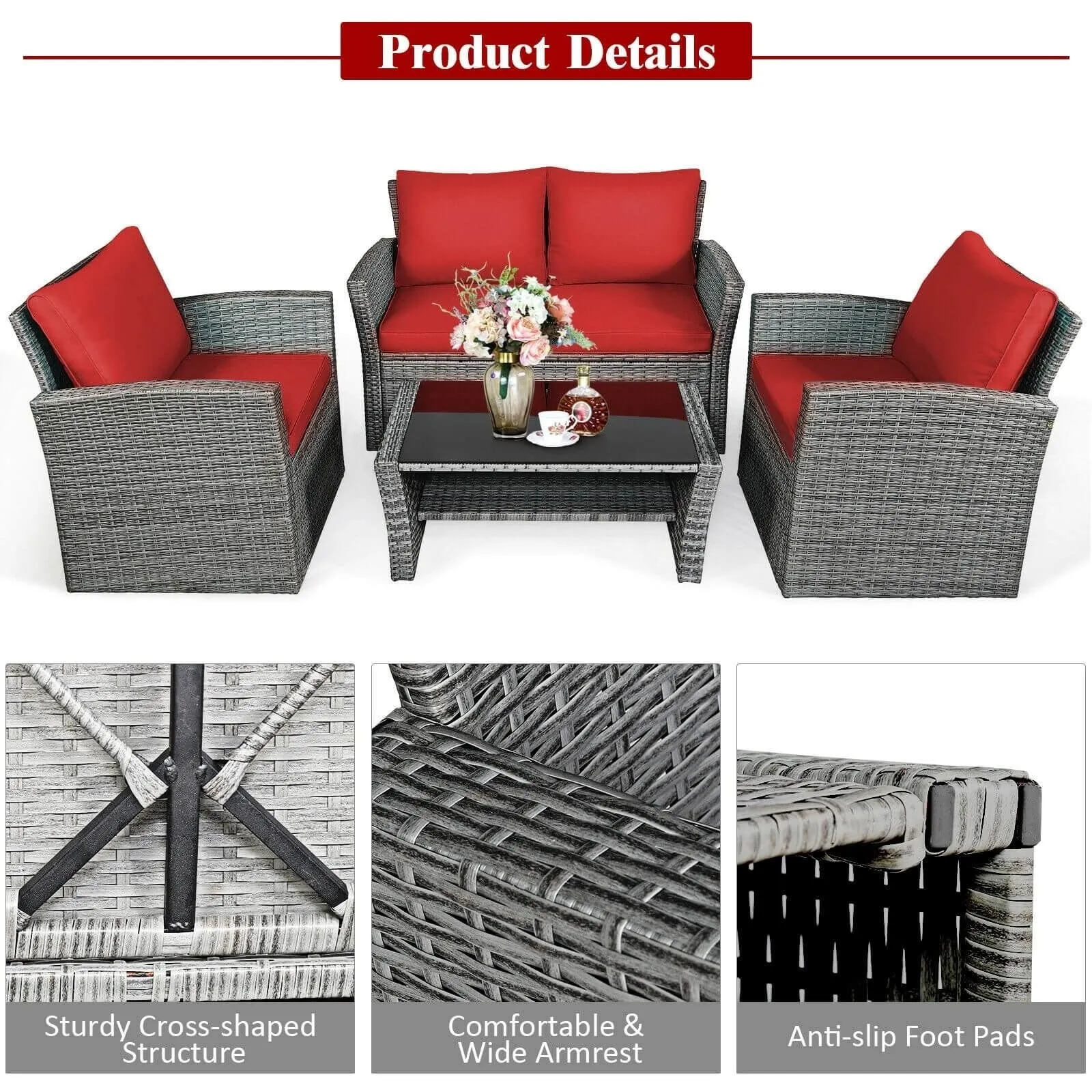 4pc Wicker Rattan Patio Furniture Set with Table - Red