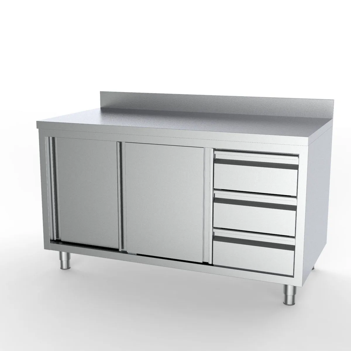 Combisteel Full 430 Stainless Steel Worktable Sliding Doors, 3 Drawers & Upstand 1400mm Wide