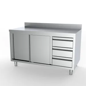 Combisteel Full 430 Stainless Steel Worktable Sliding Doors, 3 Drawers & Upstand 1400mm Wide