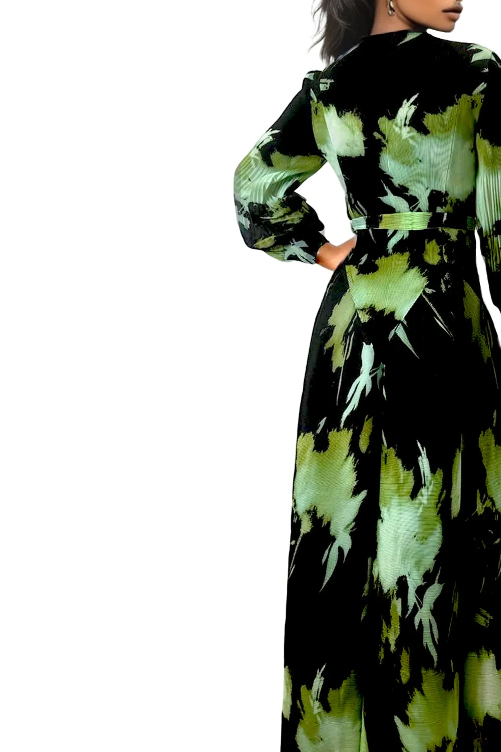 N2459 BLACK LONG SLEEVE MAXI ACCORDION CRINKED DRESS
