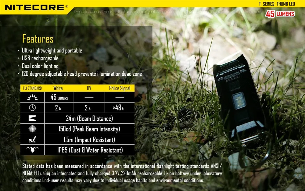 Nitecore THUMB LEO UV 45 Lumens USB Rechargeable LED Keychain Light -  Tiltable w/ Ultraviolet LED