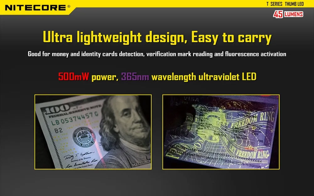 Nitecore THUMB LEO UV 45 Lumens USB Rechargeable LED Keychain Light -  Tiltable w/ Ultraviolet LED