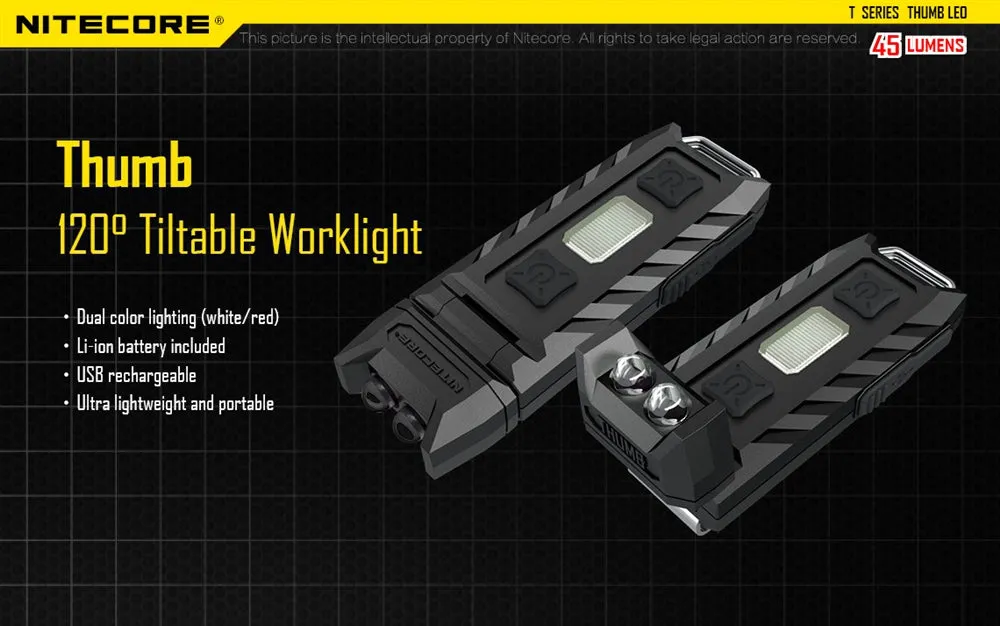 Nitecore THUMB LEO UV 45 Lumens USB Rechargeable LED Keychain Light -  Tiltable w/ Ultraviolet LED