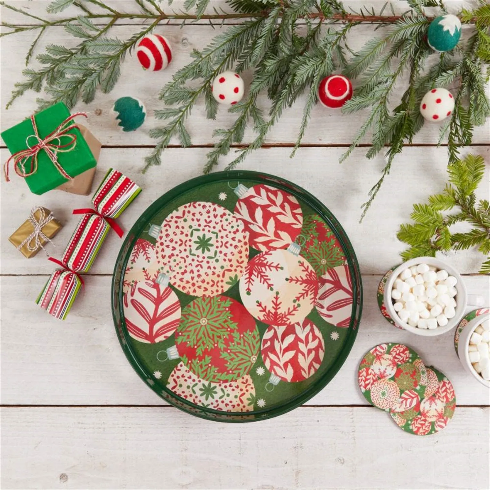 Scandi Ornaments Round Tray - 15 Inch Festive Design