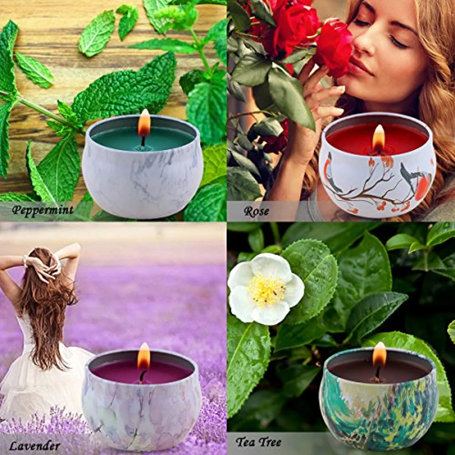 Scented Candles Gift Set - Lavender, Rose, Tea Tree and Peppermint, Candle Soy Wax for Stress Relief and Aromatherapy