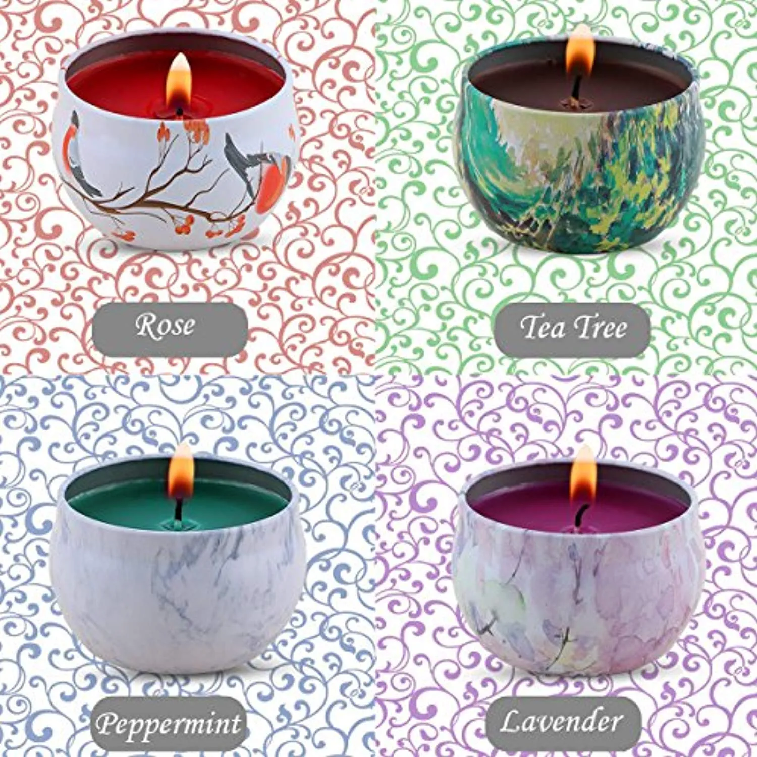 Scented Candles Gift Set - Lavender, Rose, Tea Tree and Peppermint, Candle Soy Wax for Stress Relief and Aromatherapy