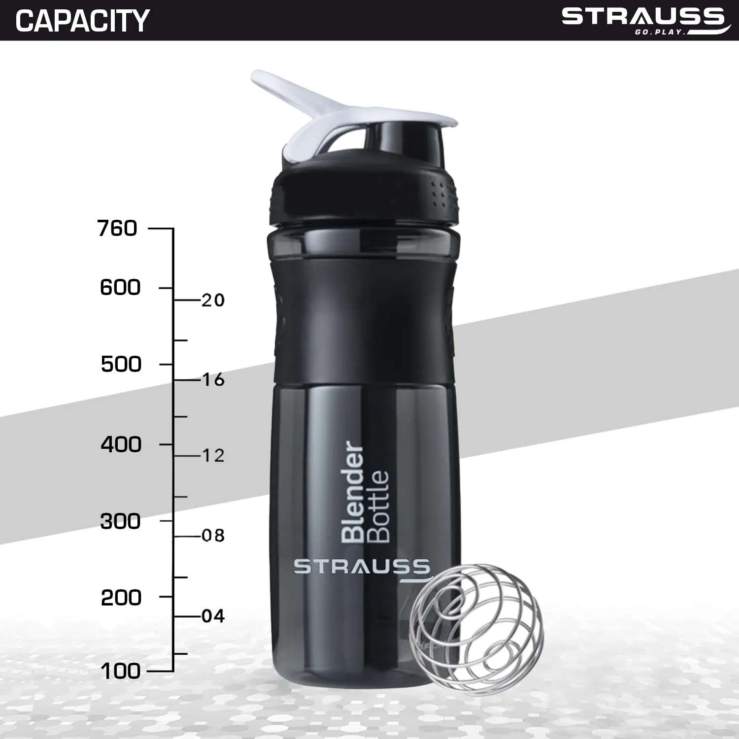 STRAUSS Blender Shaker Bottle | Leakproof Shaker Bottle for Protein Shake, Pre-workout and Bcaa Shake | Protein Shaker Bottle for Gym | Ideal for Men and Women | BPA-Free Material- 760 ML,(Black)