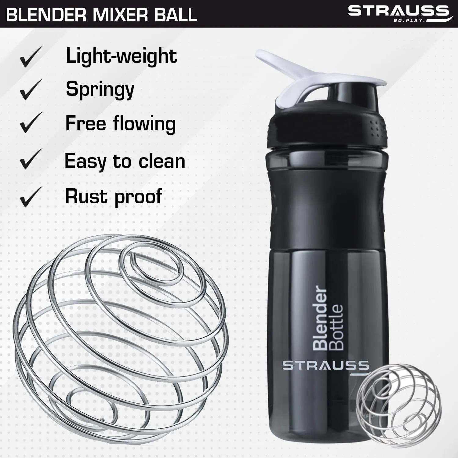 STRAUSS Blender Shaker Bottle | Leakproof Shaker Bottle for Protein Shake, Pre-workout and Bcaa Shake | Protein Shaker Bottle for Gym | Ideal for Men and Women | BPA-Free Material- 760 ML,(Black)