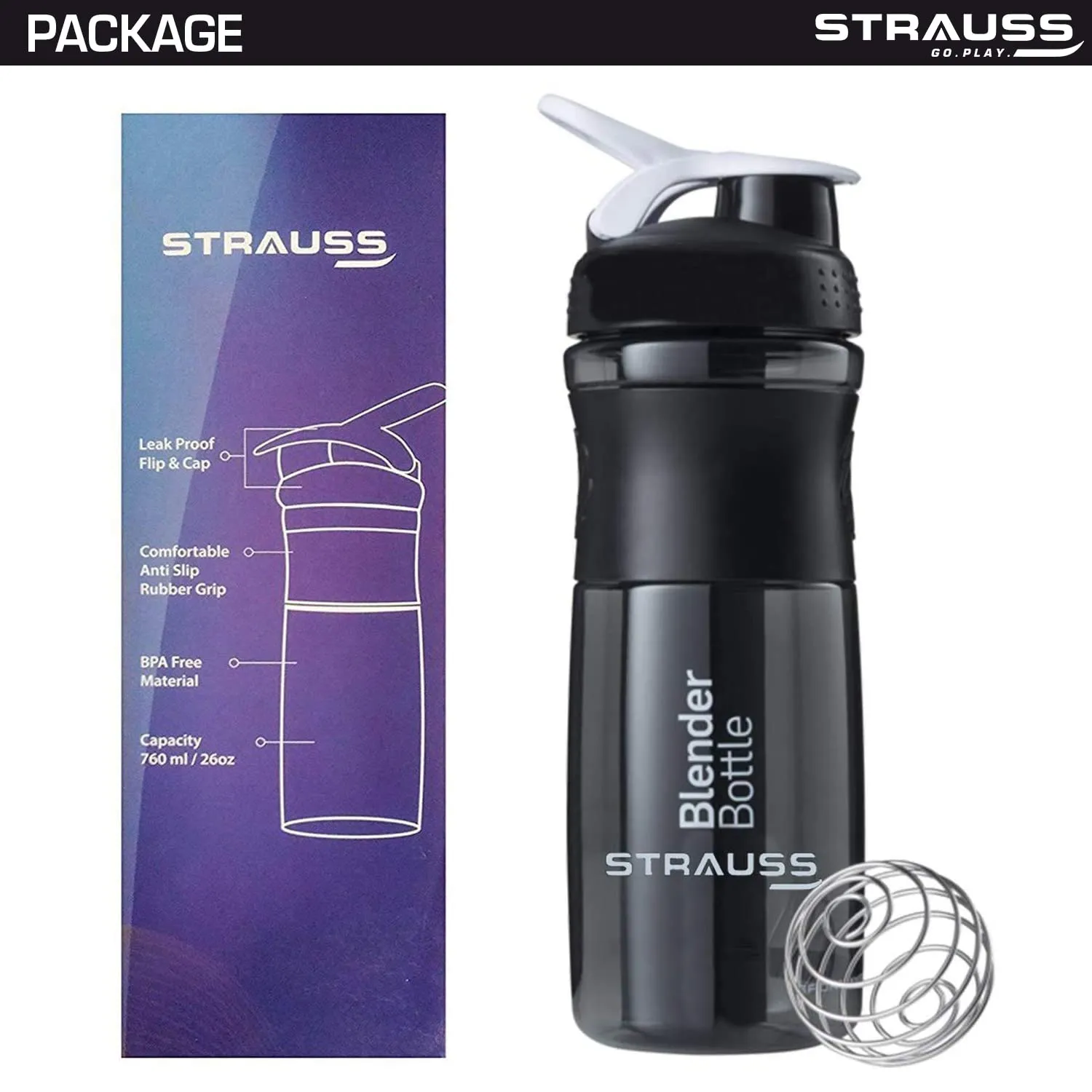 STRAUSS Blender Shaker Bottle | Leakproof Shaker Bottle for Protein Shake, Pre-workout and Bcaa Shake | Protein Shaker Bottle for Gym | Ideal for Men and Women | BPA-Free Material- 760 ML,(Black)