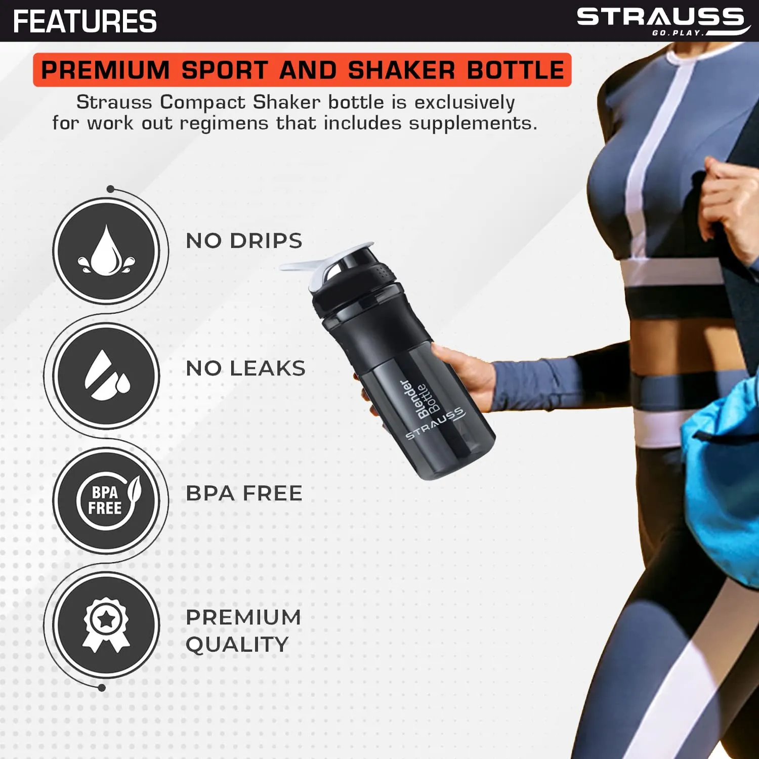 STRAUSS Blender Shaker Bottle | Leakproof Shaker Bottle for Protein Shake, Pre-workout and Bcaa Shake | Protein Shaker Bottle for Gym | Ideal for Men and Women | BPA-Free Material- 760 ML,(Black)